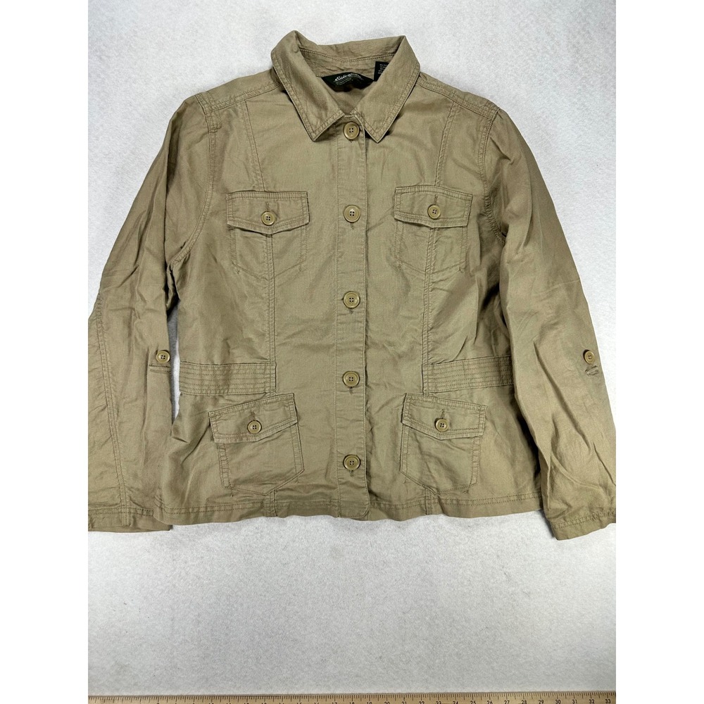 Eddie Bauer Khaki Linen Blend Utility Field Jacket Roll Tab Sleeve Womens XL
